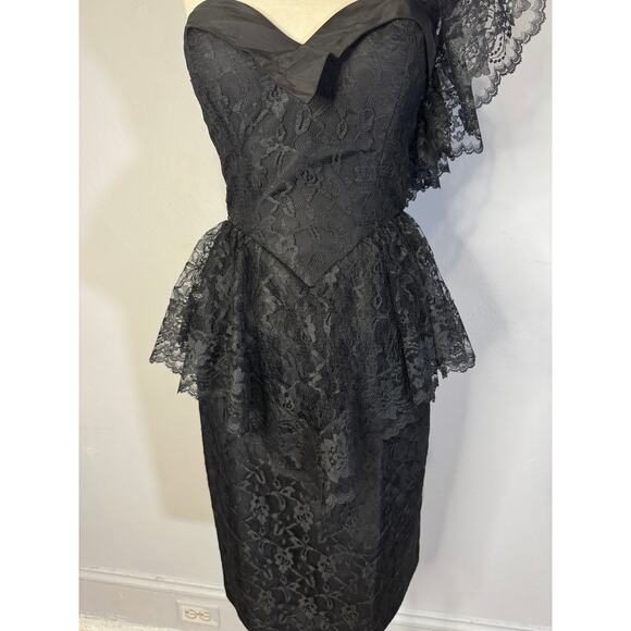 80s Climax Black Lace One Shoulder Party Dress Size XS - Picture 6 of 8